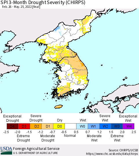 Korea SPI 3-Month Drought Severity (CHIRPS) Thematic Map For 2/26/2022 - 5/25/2022