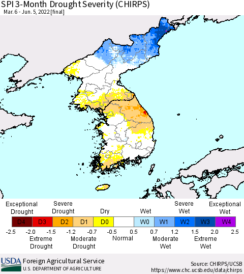 Korea SPI 3-Month Drought Severity (CHIRPS) Thematic Map For 3/6/2022 - 6/5/2022