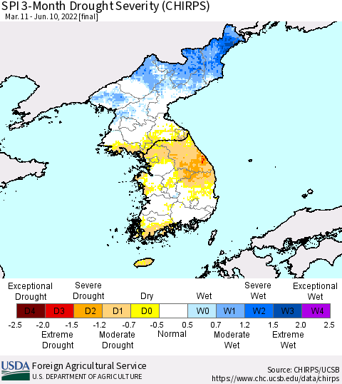 Korea SPI 3-Month Drought Severity (CHIRPS) Thematic Map For 3/11/2022 - 6/10/2022