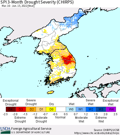 Korea SPI 3-Month Drought Severity (CHIRPS) Thematic Map For 3/16/2022 - 6/15/2022