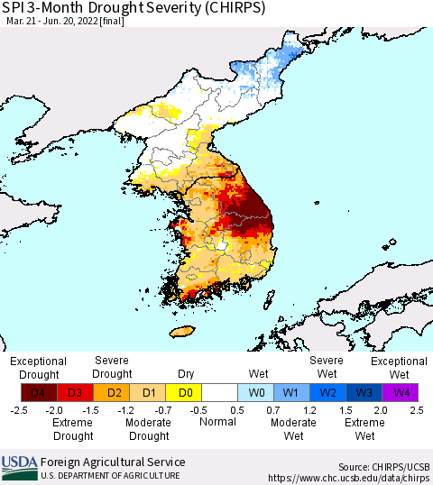 Korea SPI 3-Month Drought Severity (CHIRPS) Thematic Map For 3/21/2022 - 6/20/2022