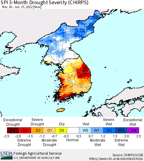 Korea SPI 3-Month Drought Severity (CHIRPS) Thematic Map For 3/26/2022 - 6/25/2022