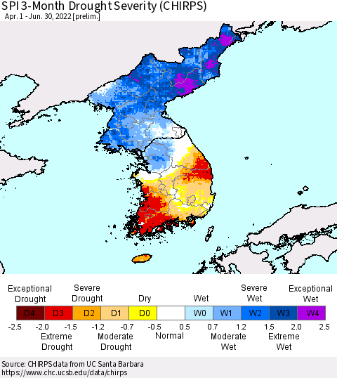 Korea SPI 3-Month Drought Severity (CHIRPS) Thematic Map For 4/1/2022 - 6/30/2022