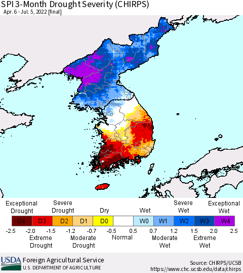 Korea SPI 3-Month Drought Severity (CHIRPS) Thematic Map For 4/6/2022 - 7/5/2022