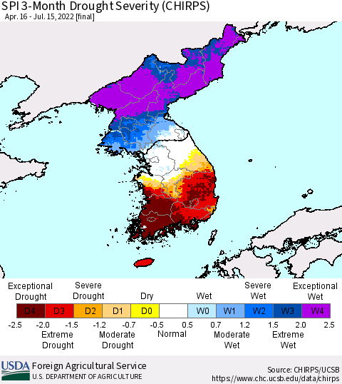 Korea SPI 3-Month Drought Severity (CHIRPS) Thematic Map For 4/16/2022 - 7/15/2022