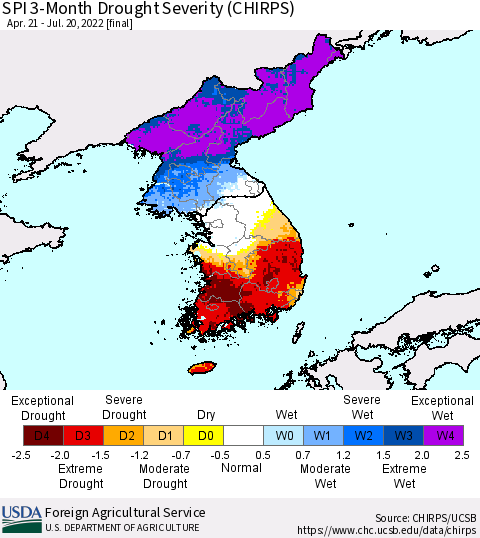 Korea SPI 3-Month Drought Severity (CHIRPS) Thematic Map For 4/21/2022 - 7/20/2022