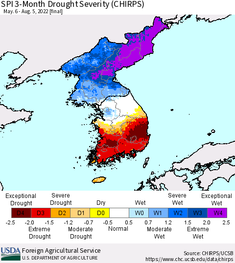 Korea SPI 3-Month Drought Severity (CHIRPS) Thematic Map For 5/6/2022 - 8/5/2022