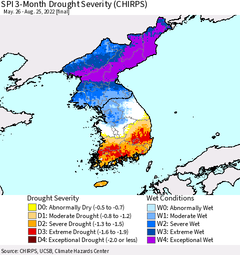 Korea SPI 3-Month Drought Severity (CHIRPS) Thematic Map For 5/26/2022 - 8/25/2022