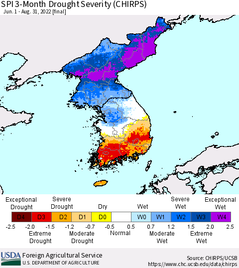 Korea SPI 3-Month Drought Severity (CHIRPS) Thematic Map For 6/1/2022 - 8/31/2022