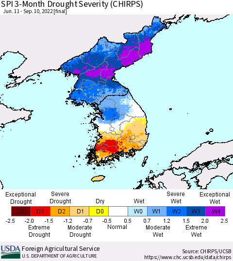 Korea SPI 3-Month Drought Severity (CHIRPS) Thematic Map For 6/11/2022 - 9/10/2022