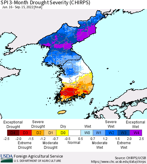 Korea SPI 3-Month Drought Severity (CHIRPS) Thematic Map For 6/16/2022 - 9/15/2022