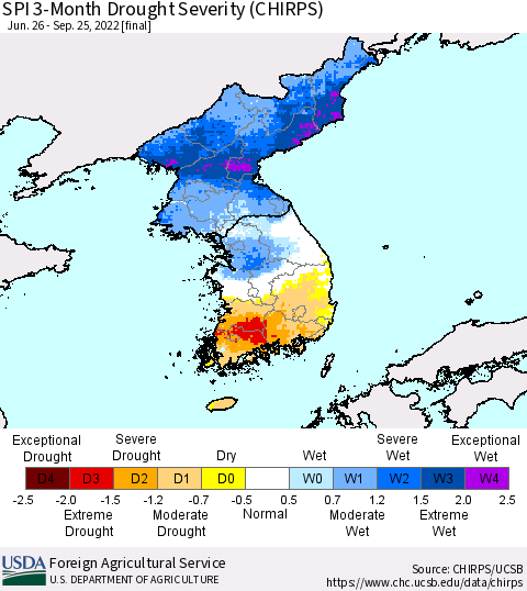 Korea SPI 3-Month Drought Severity (CHIRPS) Thematic Map For 6/26/2022 - 9/25/2022