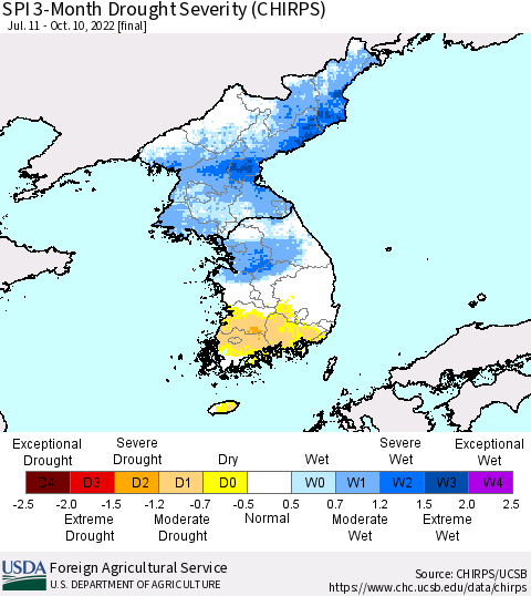 Korea SPI 3-Month Drought Severity (CHIRPS) Thematic Map For 7/11/2022 - 10/10/2022