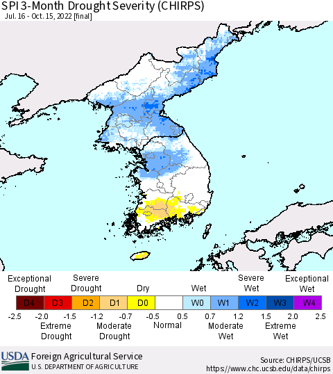 Korea SPI 3-Month Drought Severity (CHIRPS) Thematic Map For 7/16/2022 - 10/15/2022