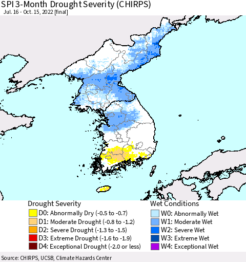 Korea SPI 3-Month Drought Severity (CHIRPS) Thematic Map For 7/16/2022 - 10/15/2022