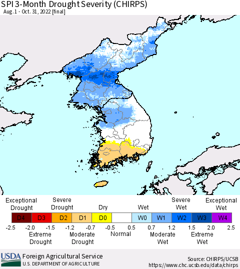 Korea SPI 3-Month Drought Severity (CHIRPS) Thematic Map For 8/1/2022 - 10/31/2022