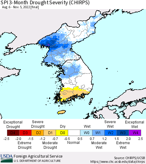 Korea SPI 3-Month Drought Severity (CHIRPS) Thematic Map For 8/6/2022 - 11/5/2022