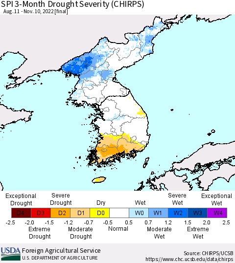 Korea SPI 3-Month Drought Severity (CHIRPS) Thematic Map For 8/11/2022 - 11/10/2022