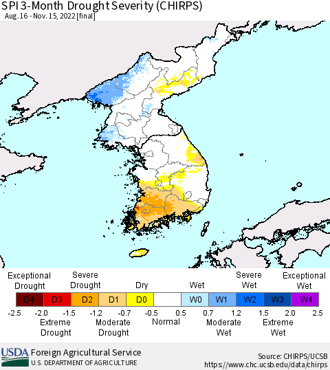 Korea SPI 3-Month Drought Severity (CHIRPS) Thematic Map For 8/16/2022 - 11/15/2022
