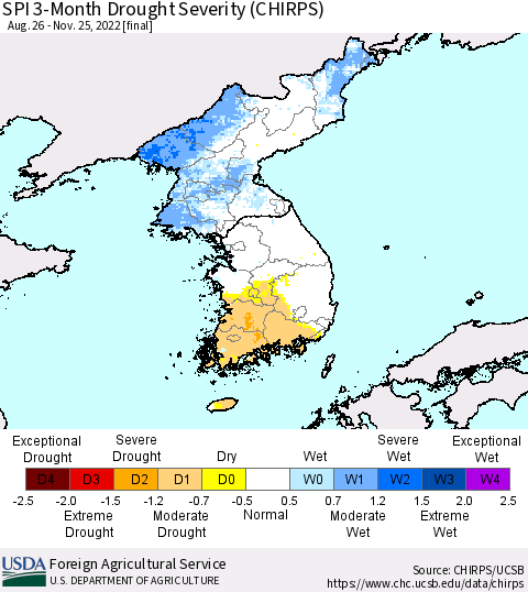 Korea SPI 3-Month Drought Severity (CHIRPS) Thematic Map For 8/26/2022 - 11/25/2022