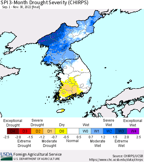 Korea SPI 3-Month Drought Severity (CHIRPS) Thematic Map For 9/1/2022 - 11/30/2022