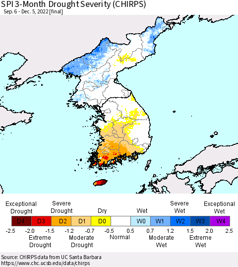 Korea SPI 3-Month Drought Severity (CHIRPS) Thematic Map For 9/6/2022 - 12/5/2022