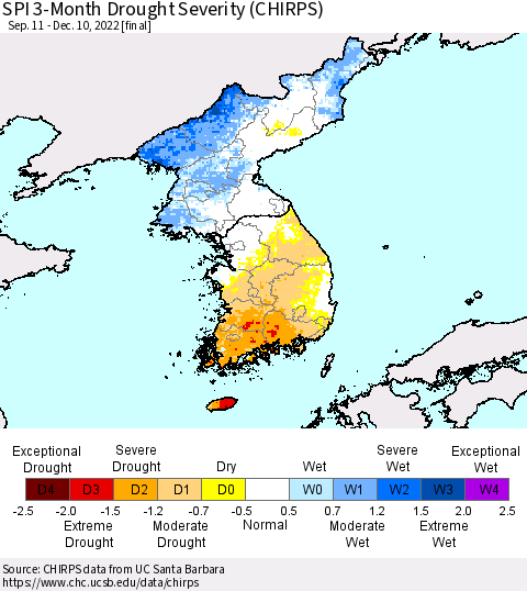 Korea SPI 3-Month Drought Severity (CHIRPS) Thematic Map For 9/11/2022 - 12/10/2022