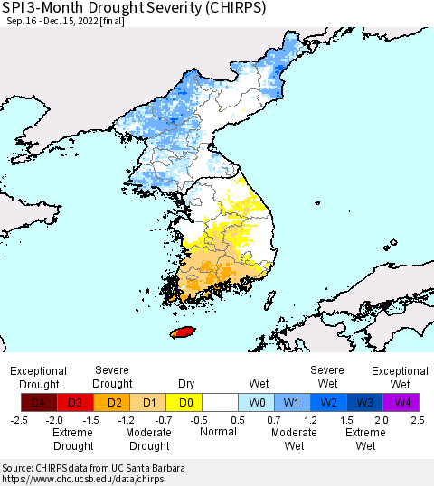 Korea SPI 3-Month Drought Severity (CHIRPS) Thematic Map For 9/16/2022 - 12/15/2022