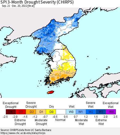 Korea SPI 3-Month Drought Severity (CHIRPS) Thematic Map For 9/21/2022 - 12/20/2022