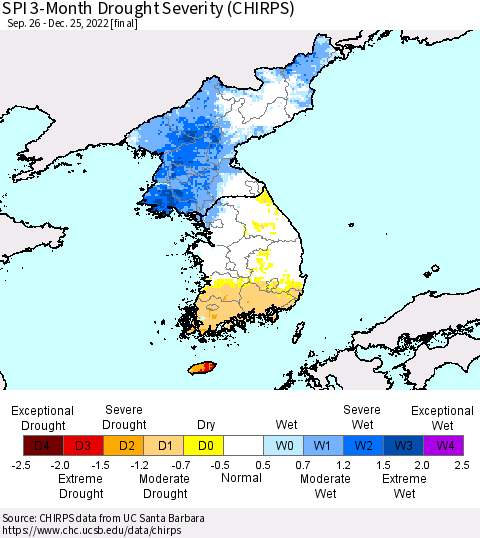 Korea SPI 3-Month Drought Severity (CHIRPS) Thematic Map For 9/26/2022 - 12/25/2022