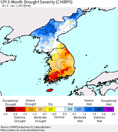 Korea SPI 3-Month Drought Severity (CHIRPS) Thematic Map For 10/6/2022 - 1/5/2023