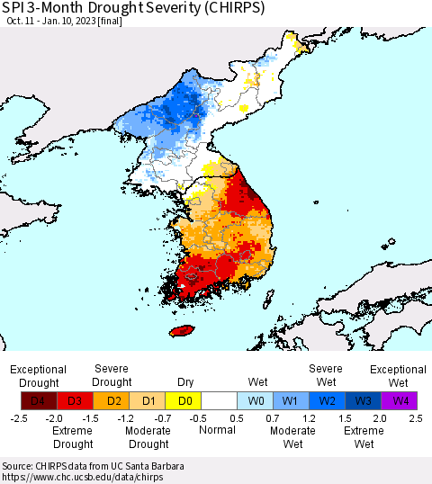 Korea SPI 3-Month Drought Severity (CHIRPS) Thematic Map For 10/11/2022 - 1/10/2023