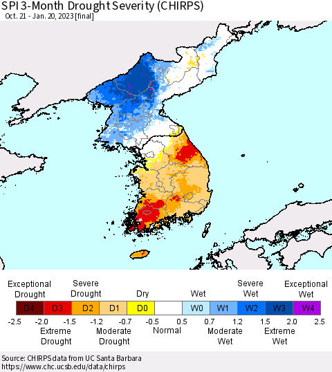 Korea SPI 3-Month Drought Severity (CHIRPS) Thematic Map For 10/21/2022 - 1/20/2023