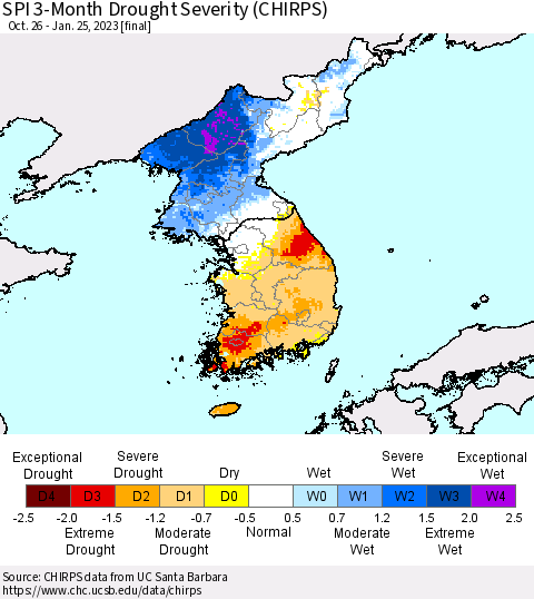 Korea SPI 3-Month Drought Severity (CHIRPS) Thematic Map For 10/26/2022 - 1/25/2023