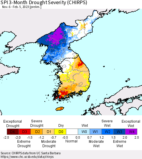 Korea SPI 3-Month Drought Severity (CHIRPS) Thematic Map For 11/6/2022 - 2/5/2023