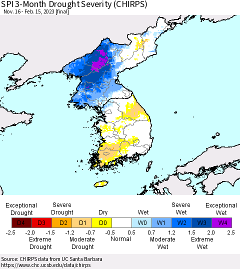 Korea SPI 3-Month Drought Severity (CHIRPS) Thematic Map For 11/16/2022 - 2/15/2023