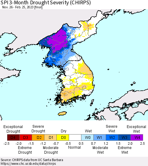 Korea SPI 3-Month Drought Severity (CHIRPS) Thematic Map For 11/26/2022 - 2/25/2023