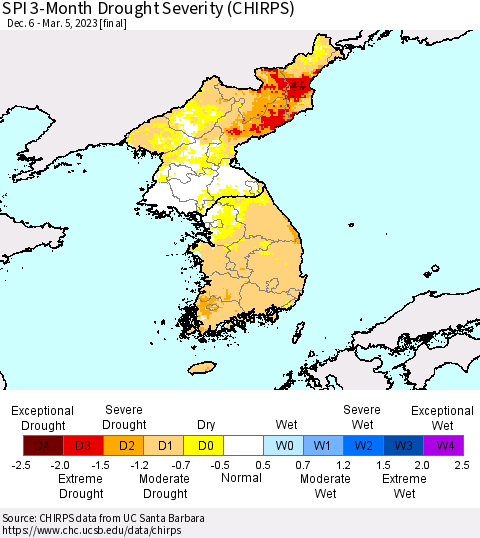 Korea SPI 3-Month Drought Severity (CHIRPS) Thematic Map For 12/6/2022 - 3/5/2023