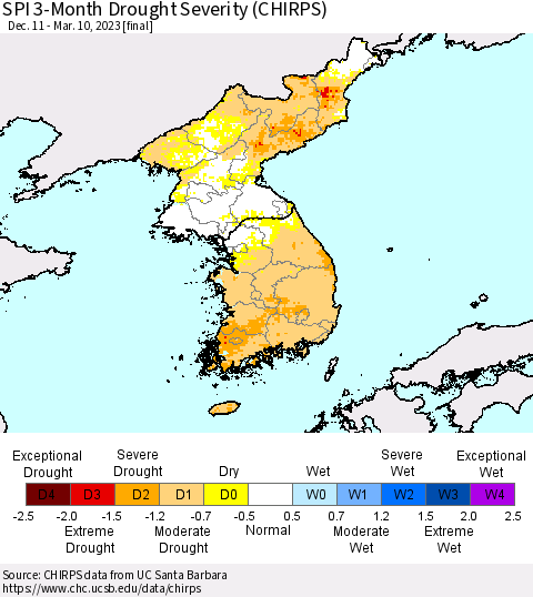 Korea SPI 3-Month Drought Severity (CHIRPS) Thematic Map For 12/11/2022 - 3/10/2023