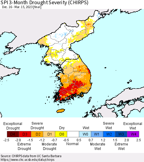 Korea SPI 3-Month Drought Severity (CHIRPS) Thematic Map For 12/16/2022 - 3/15/2023