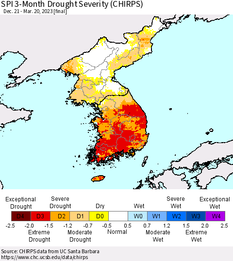 Korea SPI 3-Month Drought Severity (CHIRPS) Thematic Map For 12/21/2022 - 3/20/2023
