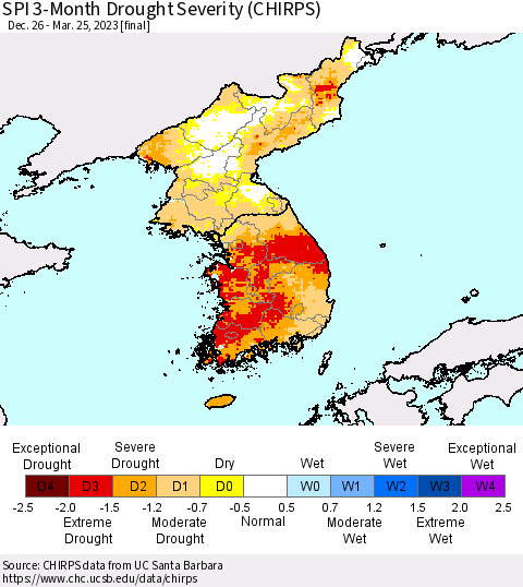 Korea SPI 3-Month Drought Severity (CHIRPS) Thematic Map For 12/26/2022 - 3/25/2023