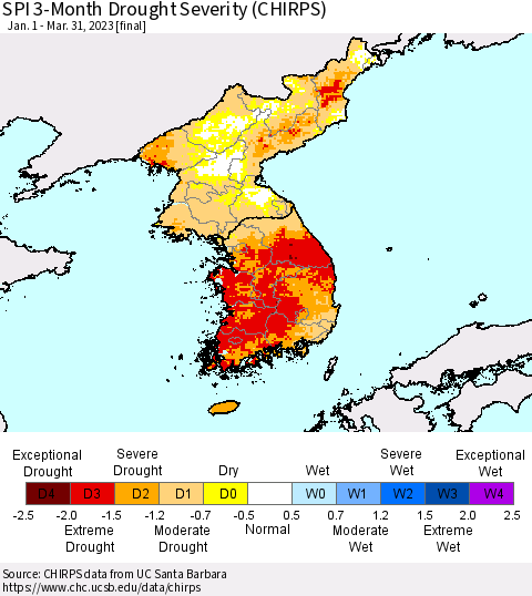 Korea SPI 3-Month Drought Severity (CHIRPS) Thematic Map For 1/1/2023 - 3/31/2023