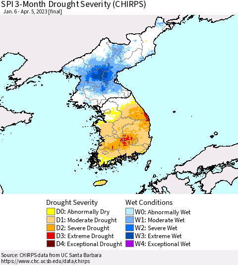 Korea SPI 3-Month Drought Severity (CHIRPS) Thematic Map For 1/6/2023 - 4/5/2023