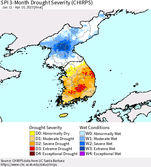 Korea SPI 3-Month Drought Severity (CHIRPS) Thematic Map For 1/11/2023 - 4/10/2023