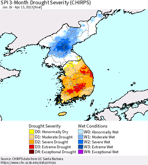 Korea SPI 3-Month Drought Severity (CHIRPS) Thematic Map For 1/16/2023 - 4/15/2023