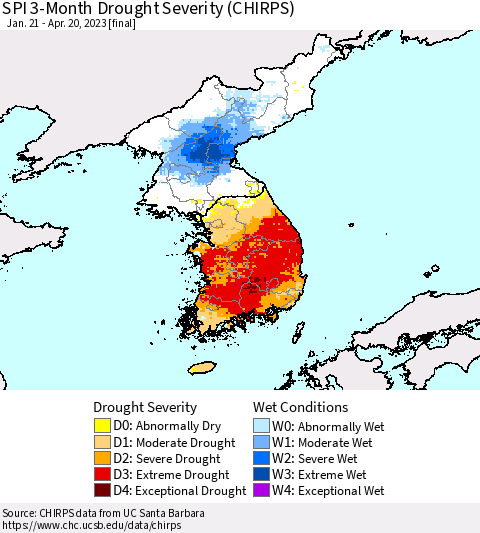 Korea SPI 3-Month Drought Severity (CHIRPS) Thematic Map For 1/21/2023 - 4/20/2023