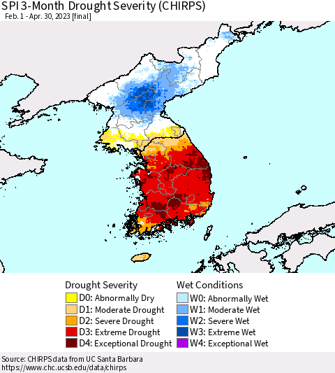 Korea SPI 3-Month Drought Severity (CHIRPS) Thematic Map For 2/1/2023 - 4/30/2023