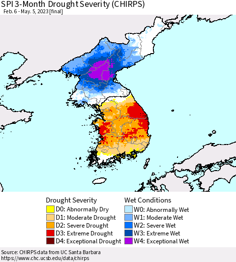 Korea SPI 3-Month Drought Severity (CHIRPS) Thematic Map For 2/6/2023 - 5/5/2023