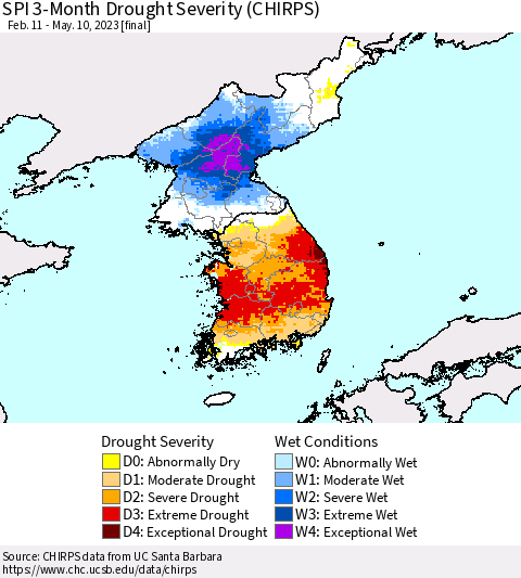 Korea SPI 3-Month Drought Severity (CHIRPS) Thematic Map For 2/11/2023 - 5/10/2023